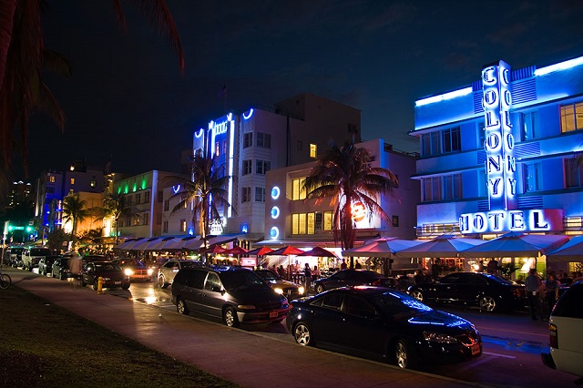 Miami Beach at night view of hotels on ocean drive
